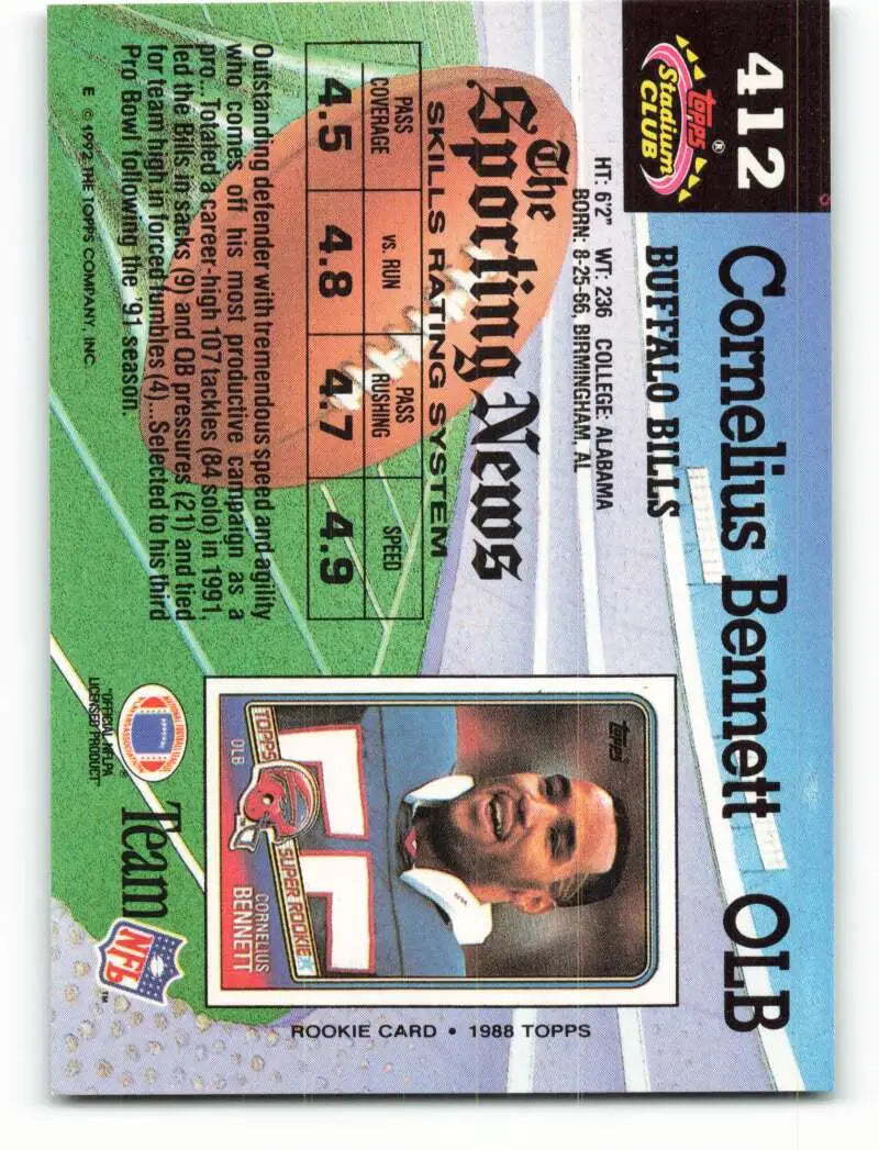 1992 Topps Stadium Club #412 Cornelius Bennett EX Excellent Buffalo Bills Football Card - Football Card Single