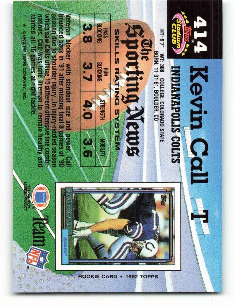 1992 Topps Stadium Club #414 Kevin Call EX Excellent Indianapolis Colts Football Card - Football Card Single