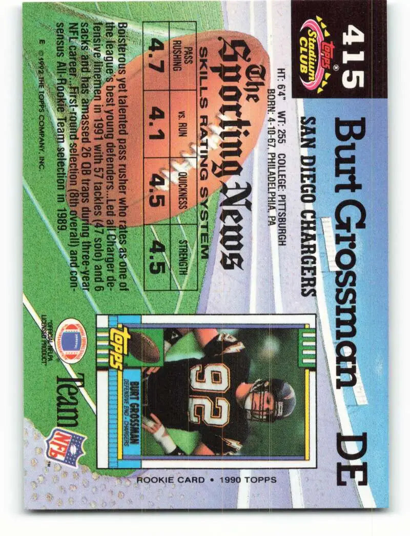 1992 Topps Stadium Club #415 Burt Grossman EX Excellent San Diego Chargers Football Card