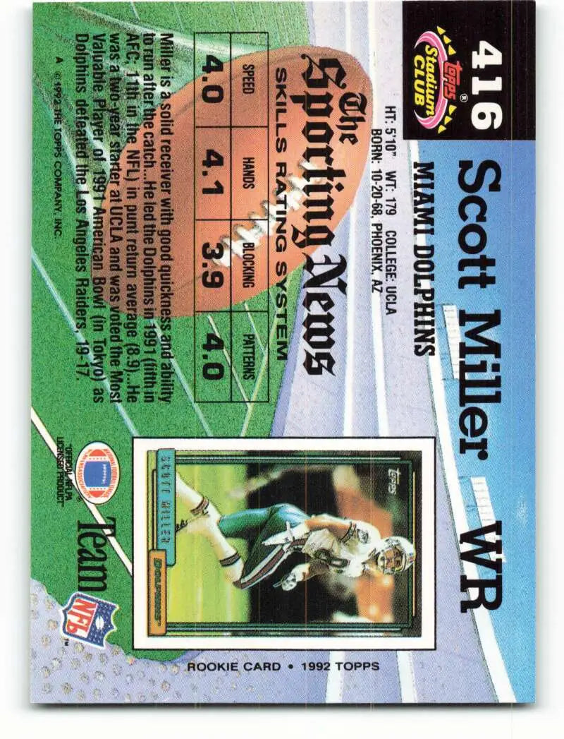 1992 Topps Stadium Club #416 Scott Miller EX Excellent Miami Dolphins Football Card - Football Card Single