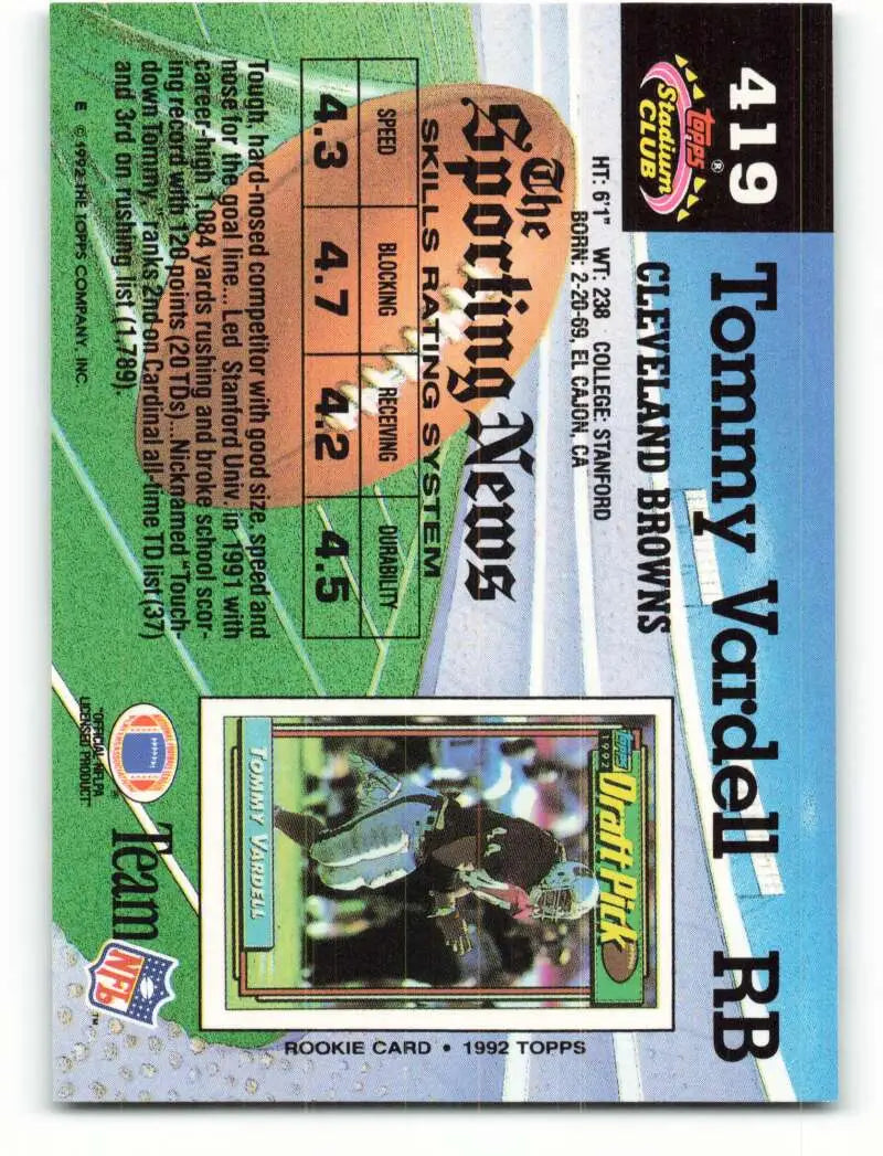 1992 Topps Stadium Club #419 Tommy Vardell EX Excellent RC Rookie Cleveland Browns Football Card - Football Card Single