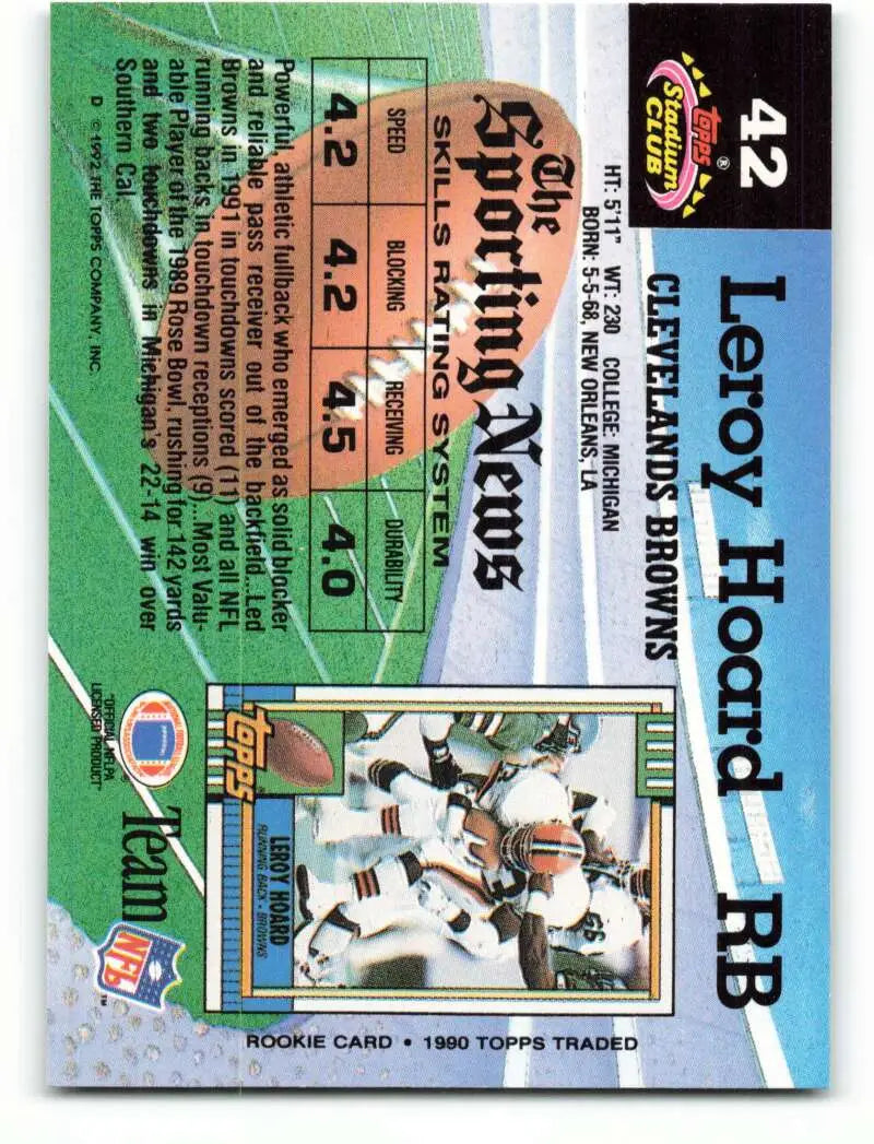 1992 Topps Stadium Club #42 Leroy Hoard EX Excellent Cleveland Browns Football Card - Football Card Single