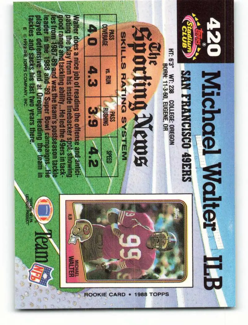 1992 Topps Stadium Club #420 Michael Walter EX Excellent San Francisco 49ers Football Card - Football Card Single