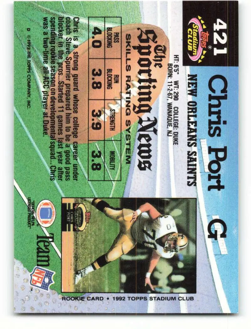1992 Topps Stadium Club #421 Chris Port EX Excellent RC Rookie New Orleans Saints Football Card - Football Card Single