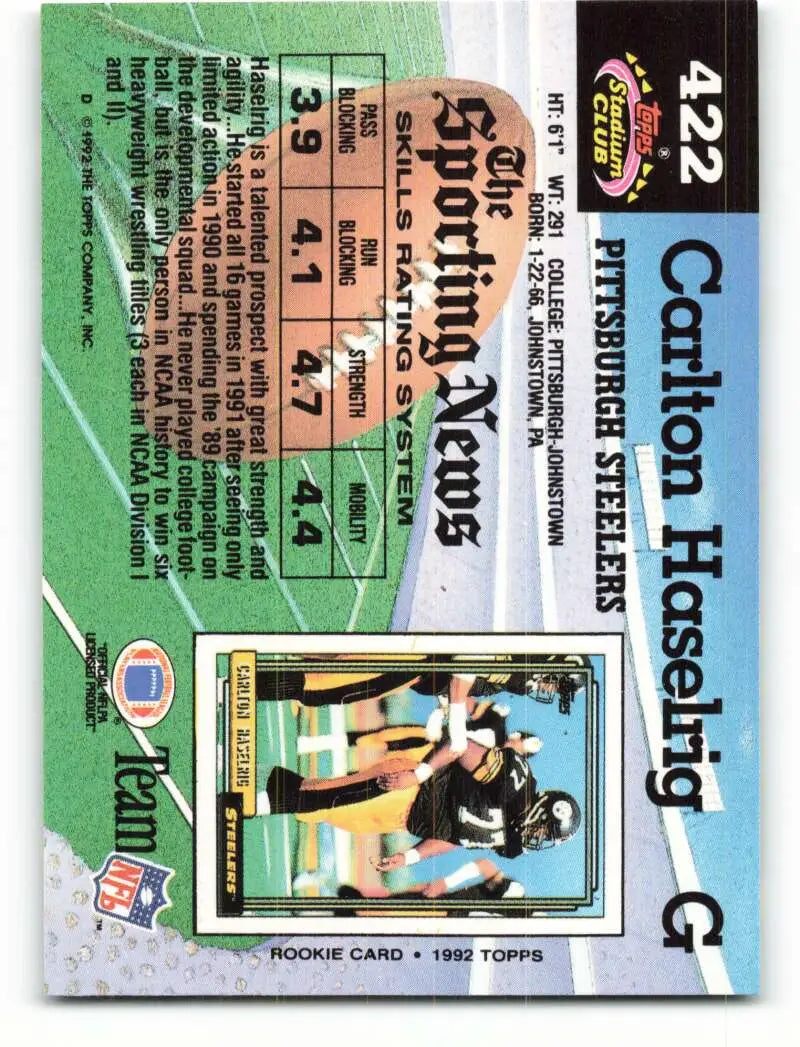1992 Topps Stadium Club #422 Carlton Haselrig EX Excellent RC Rookie Pittsburgh Steelers Football Card - Football Card