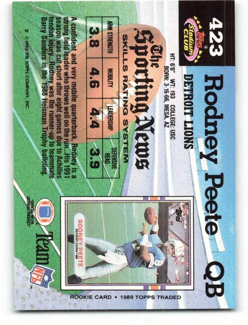 1992 Topps Stadium Club #423 Rodney Peete EX Excellent Detroit Lions Football Card - Football Card Single