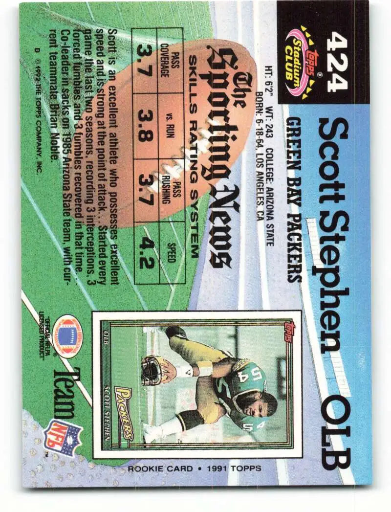 1992 Topps Stadium Club #424 Scott Stephen EX Excellent Green Bay Packers Football Card - Football Card Single