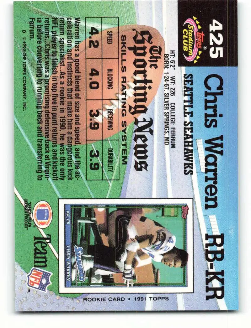 1992 Topps Stadium Club #425 Chris Warren EX Excellent Seattle Seahawks Football Card - Football Card Single