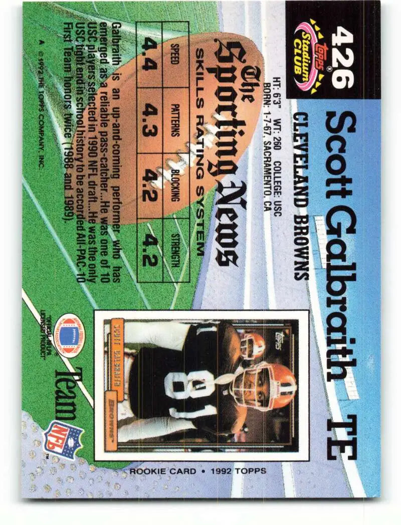 1992 Topps Stadium Club #426 Scott Galbraith EX Excellent RC Rookie Cleveland Browns Football Card - Football Card