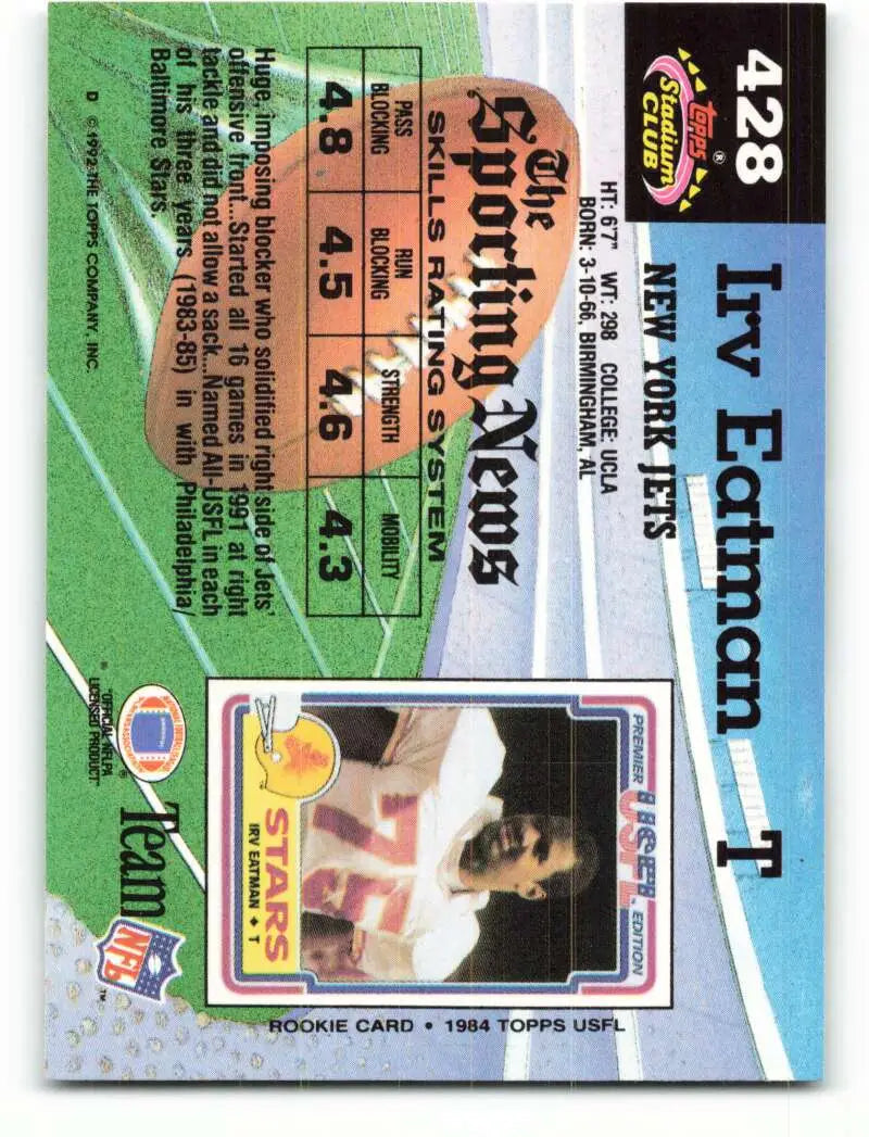 1992 Topps Stadium Club #428 Irv Eatman EX Excellent New York Jets Football Card - Football Card Single