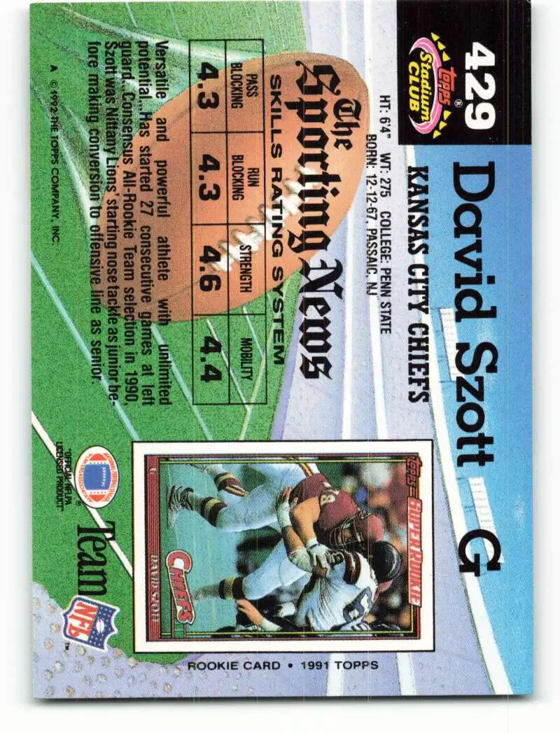1992 Topps Stadium Club #429 David Szott EX Excellent Kansas City Chiefs Football Card - Football Card Single
