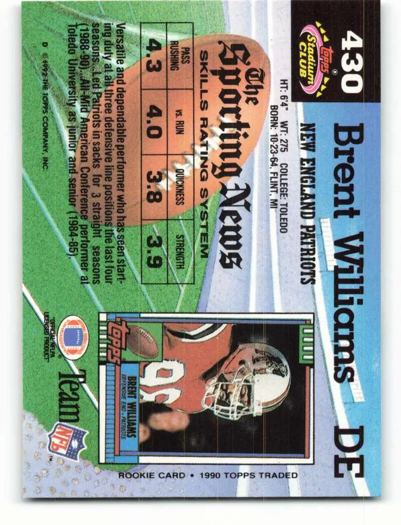 1992 Topps Stadium Club #430 Brent Williams EX Excellent New England Patriots Football Card - Football Card Single