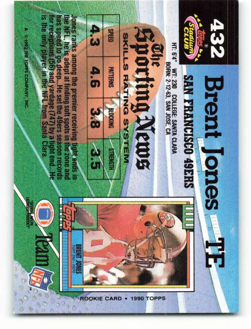 1992 Topps Stadium Club #432 Brent Jones EX Excellent San Francisco 49ers Football Card - Football Card Single