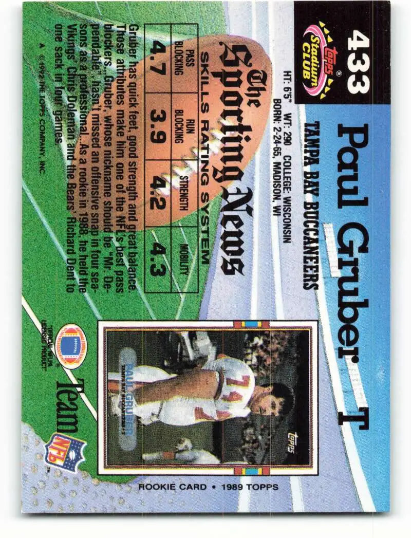 1992 Topps Stadium Club #433 Paul Gruber EX Excellent Tampa Bay Buccaneers Football Card - Football Card Single
