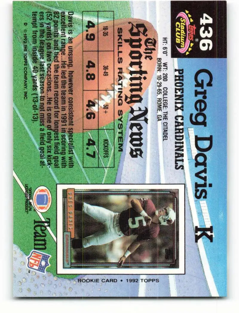 1992 Topps Stadium Club #436 Greg Davis EX Excellent Phoenix Cardinals Football Card - Football Card Single