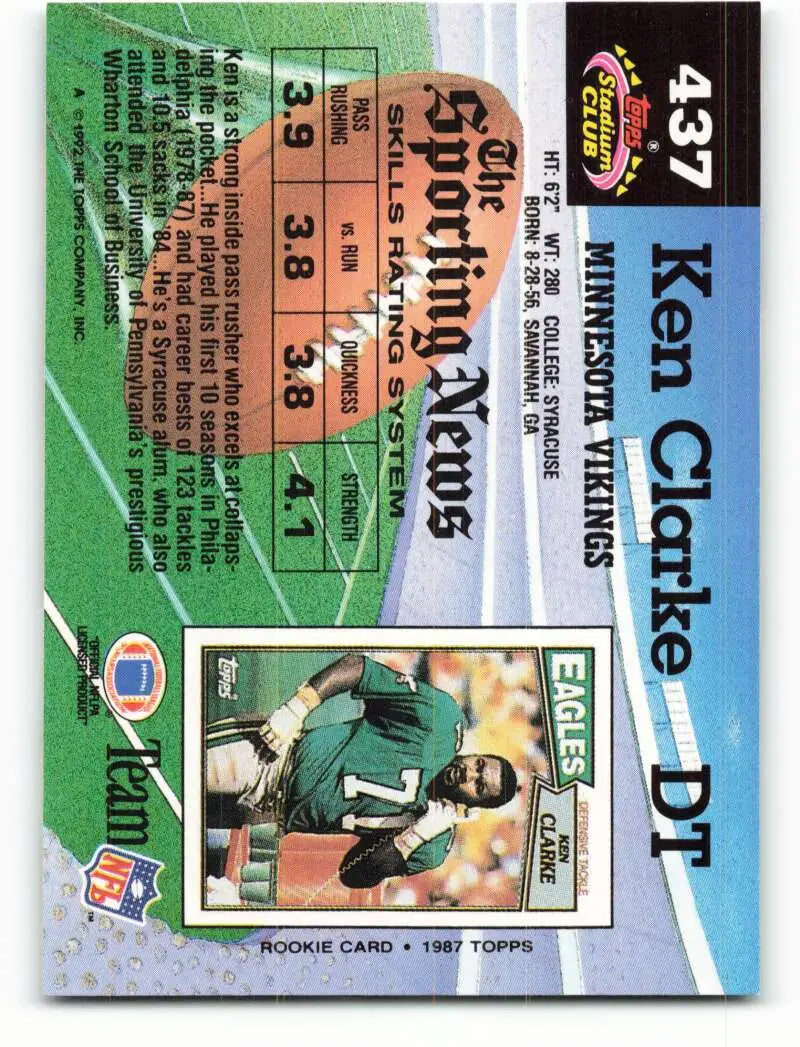 1992 Topps Stadium Club #437 Ken Clarke EX Excellent Minnesota Vikings Football Card - Football Card Single