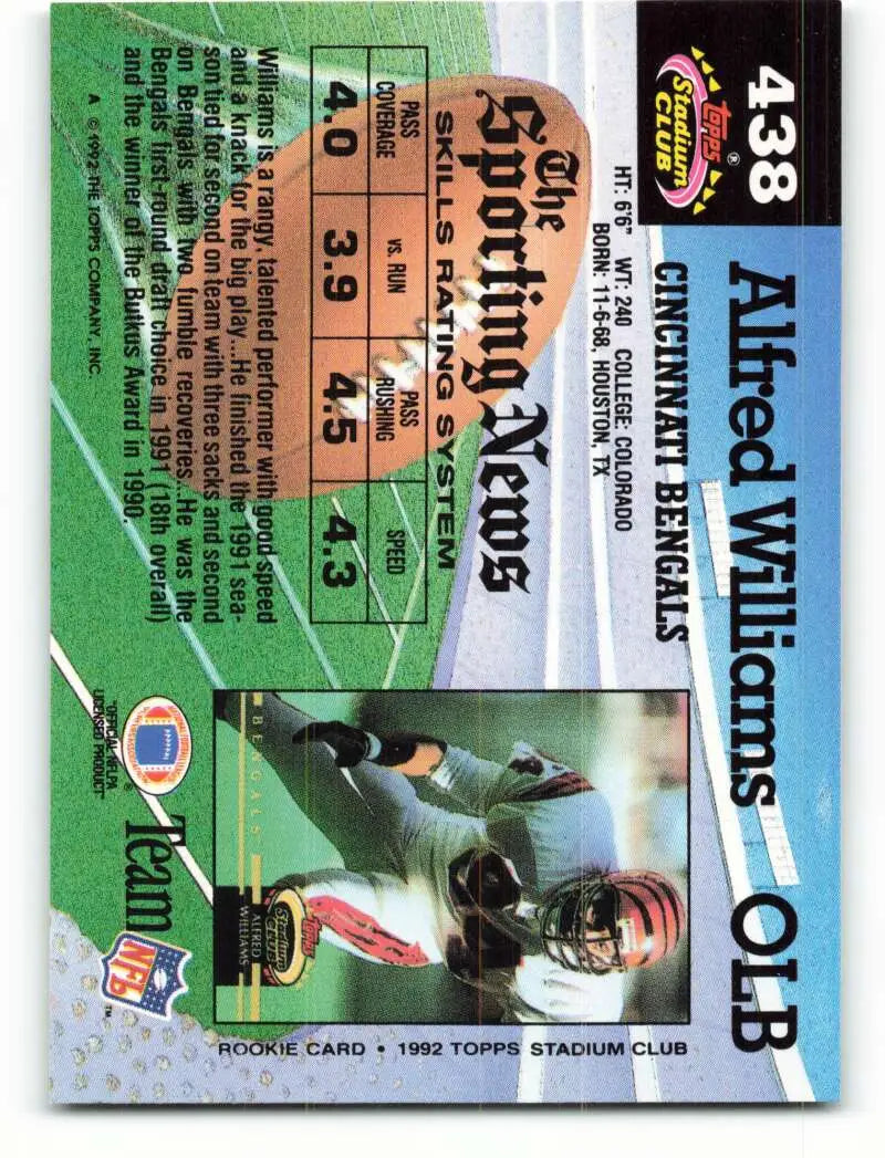 1992 Topps Stadium Club #438 Alfred Williams EX Excellent Cincinnati Bengals Football Card - Football Card Single