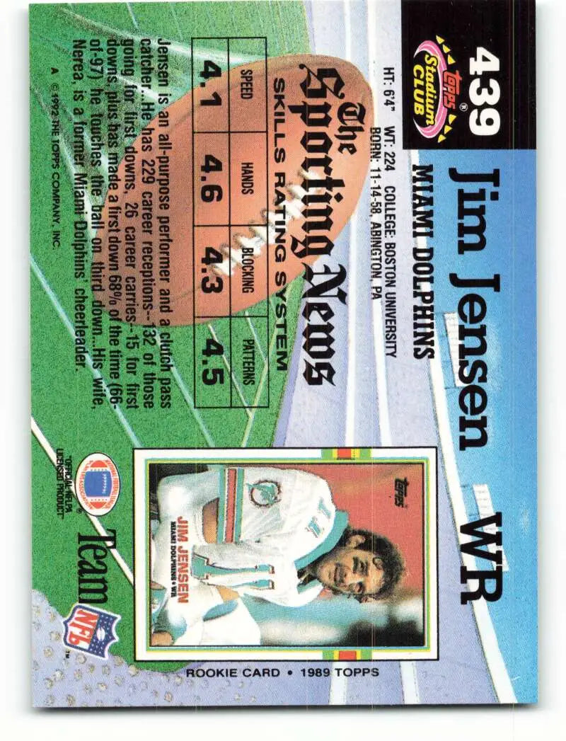 1992 Topps Stadium Club #439 Jim C. Jensen EX Excellent Miami Dolphins Football Card - Football Card Single