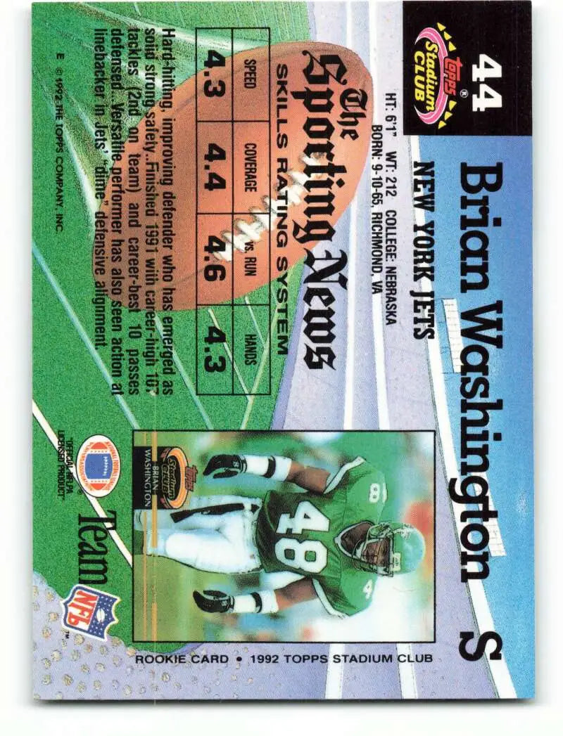 1992 Topps Stadium Club #44 Brian Washington EX Excellent New York Jets Football Card - Football Card Single