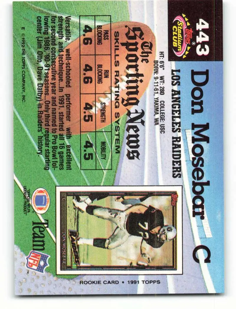 1992 Topps Stadium Club #443 Don Mosebar EX Excellent Los Angeles Raiders Football Card - Football Card Single