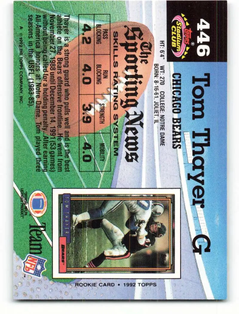 1992 Topps Stadium Club #446 Tom Thayer EX Excellent Chicago Bears Football Card - Football Card Single