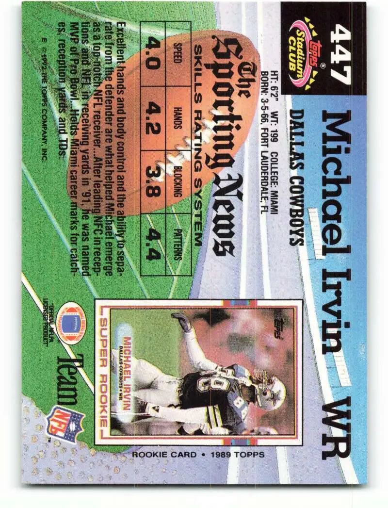 1992 Topps Stadium Club #447 Michael Irvin EX Excellent Dallas Cowboys Football Card