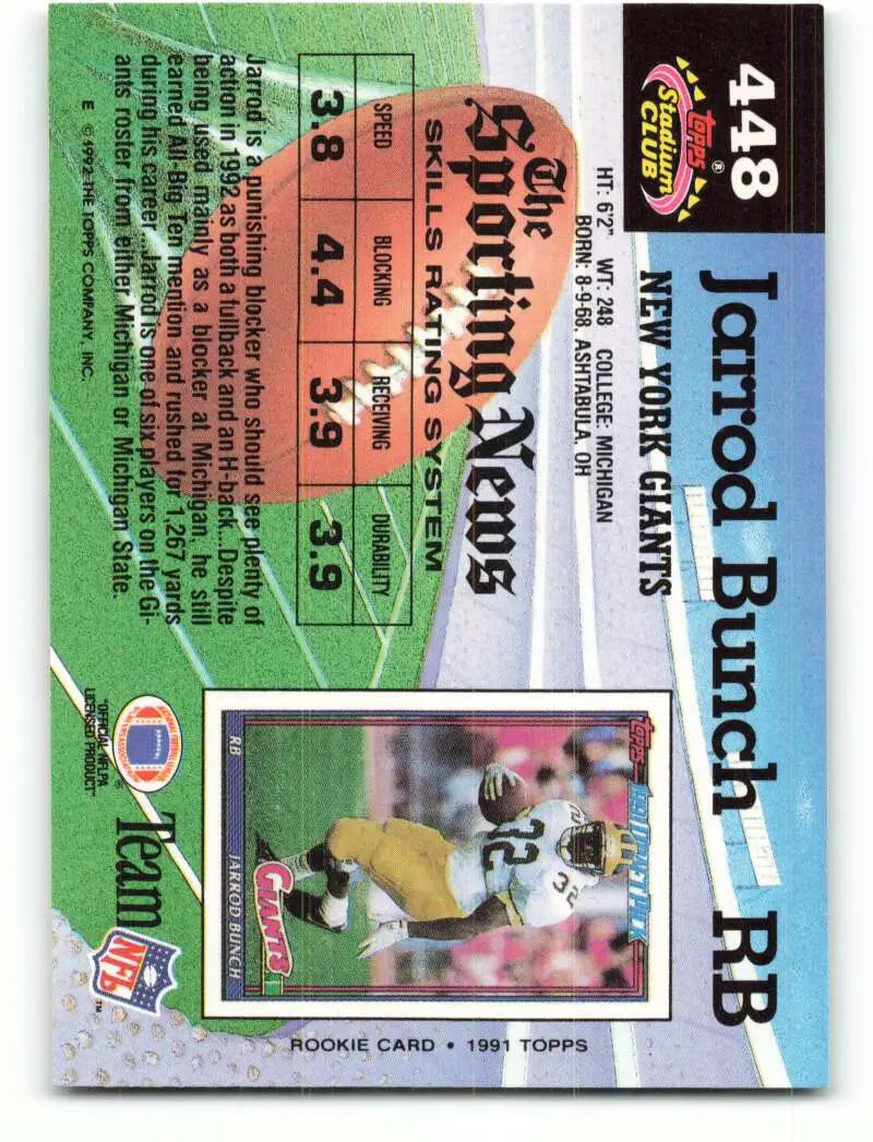 1992 Topps Stadium Club #448 Jarrod Bunch EX Excellent New York Giants Football Card - Football Card Single