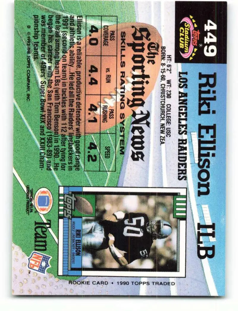 1992 Topps Stadium Club #449 Riki Ellison EX Excellent Los Angeles Raiders Football Card - Football Card Single