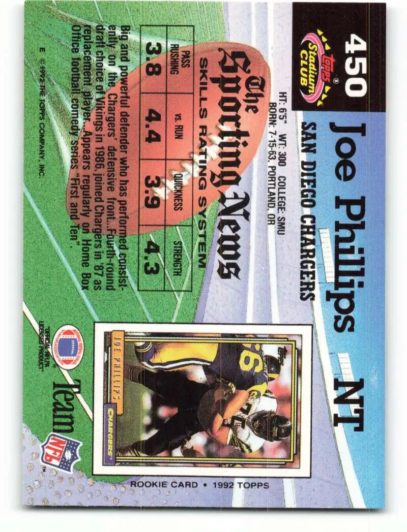 1992 Topps Stadium Club #450 Joe Phillips EX Excellent San Diego Chargers Football Card - Football Card Single