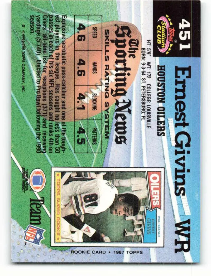 1992 Topps Stadium Club #451 Ernest Givins EX Excellent Houston Oilers Football Card - Football Card Single
