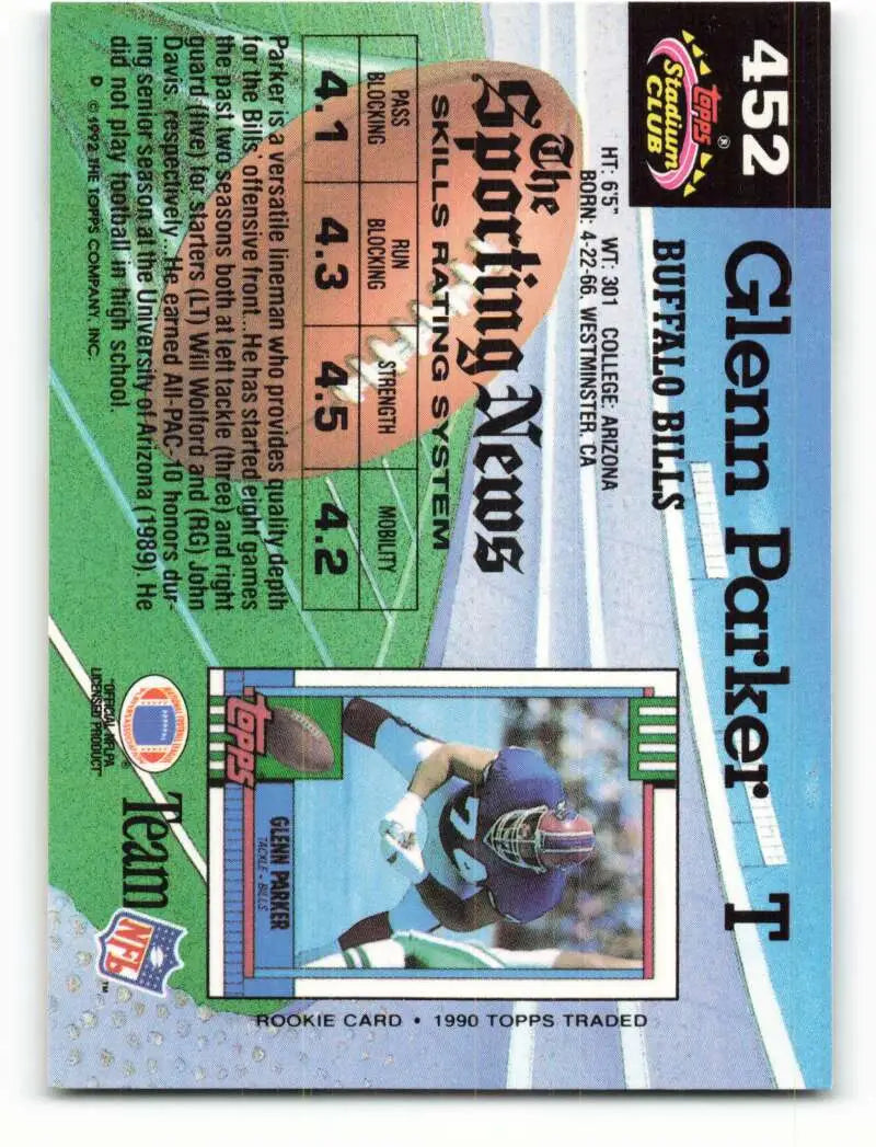 1992 Topps Stadium Club #452 Glenn Parker EX Excellent Buffalo Bills Football Card - Football Card Single