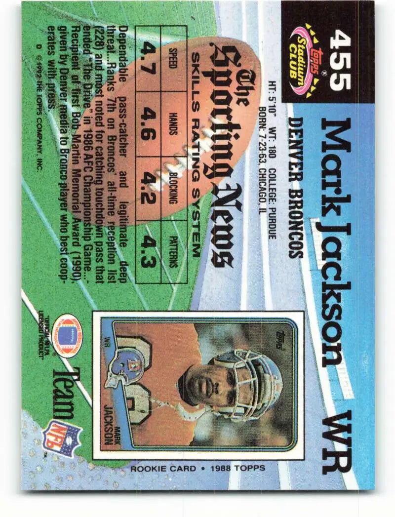 1992 Topps Stadium Club #455 Mark Jackson EX Excellent Denver Broncos Football Card - Football Card Single