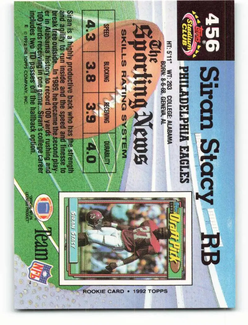 1992 Topps Stadium Club #456 Siran Stacy EX Excellent RC Rookie Philadelphia Eagles Football Card - Football Card Single
