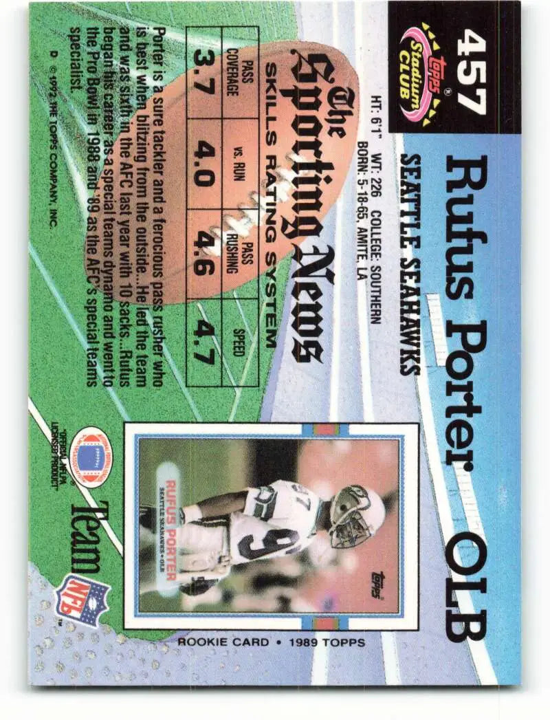 1992 Topps Stadium Club #457 Rufus Porter EX Excellent Seattle Seahawks Football Card - Football Card Single
