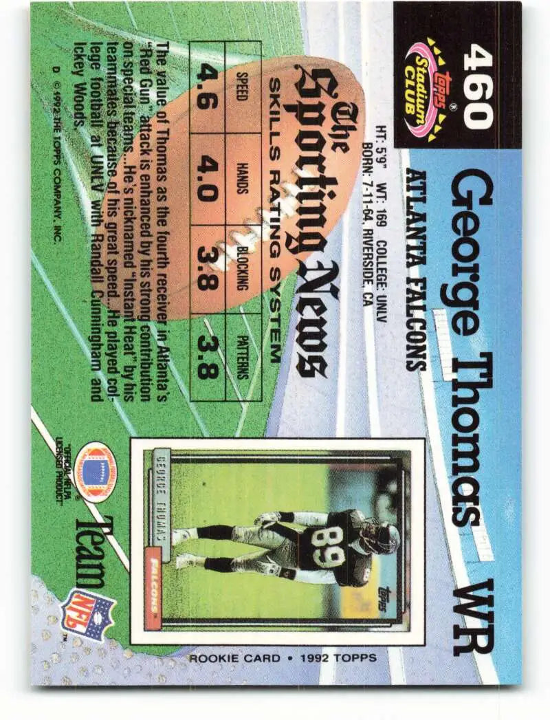 1992 Topps Stadium Club #460 George Thomas EX Excellent RC Rookie Atlanta Falcons Football Card - Football Card Single