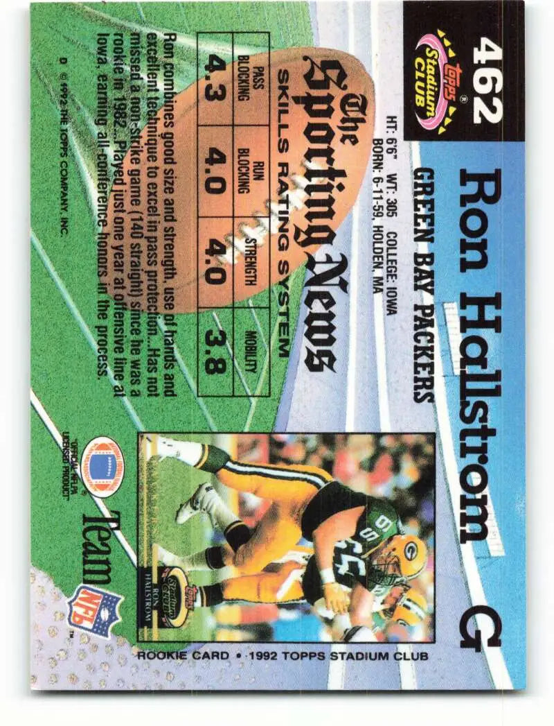 1992 Topps Stadium Club #462 Ron Hallstrom EX Excellent Green Bay Packers Football Card - Football Card Single