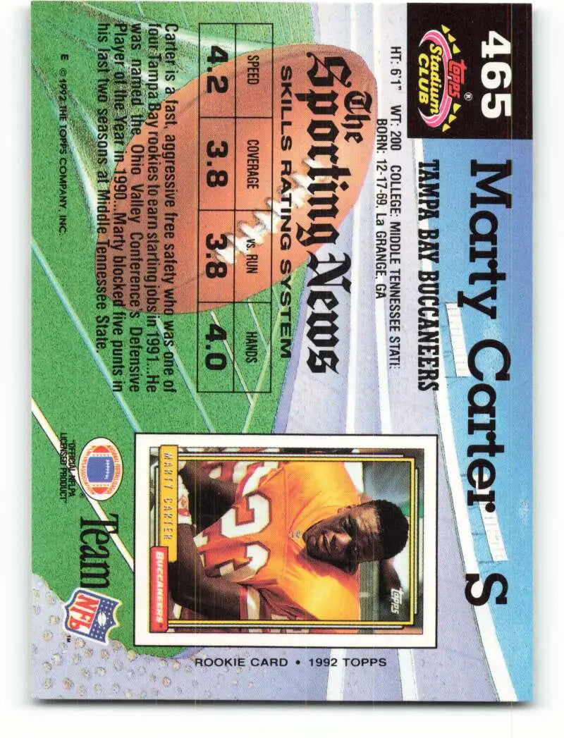 1992 Topps Stadium Club #465 Marty Carter EX Excellent RC Rookie Tampa Bay Buccaneers Football Card - Football Card