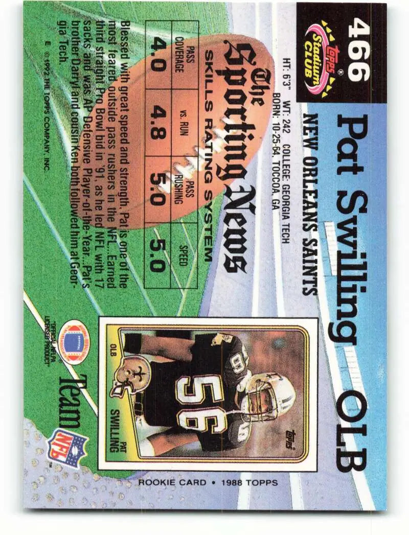 1992 Topps Stadium Club #466 Pat Swilling EX Excellent New Orleans Saints Football Card - Football Card Single