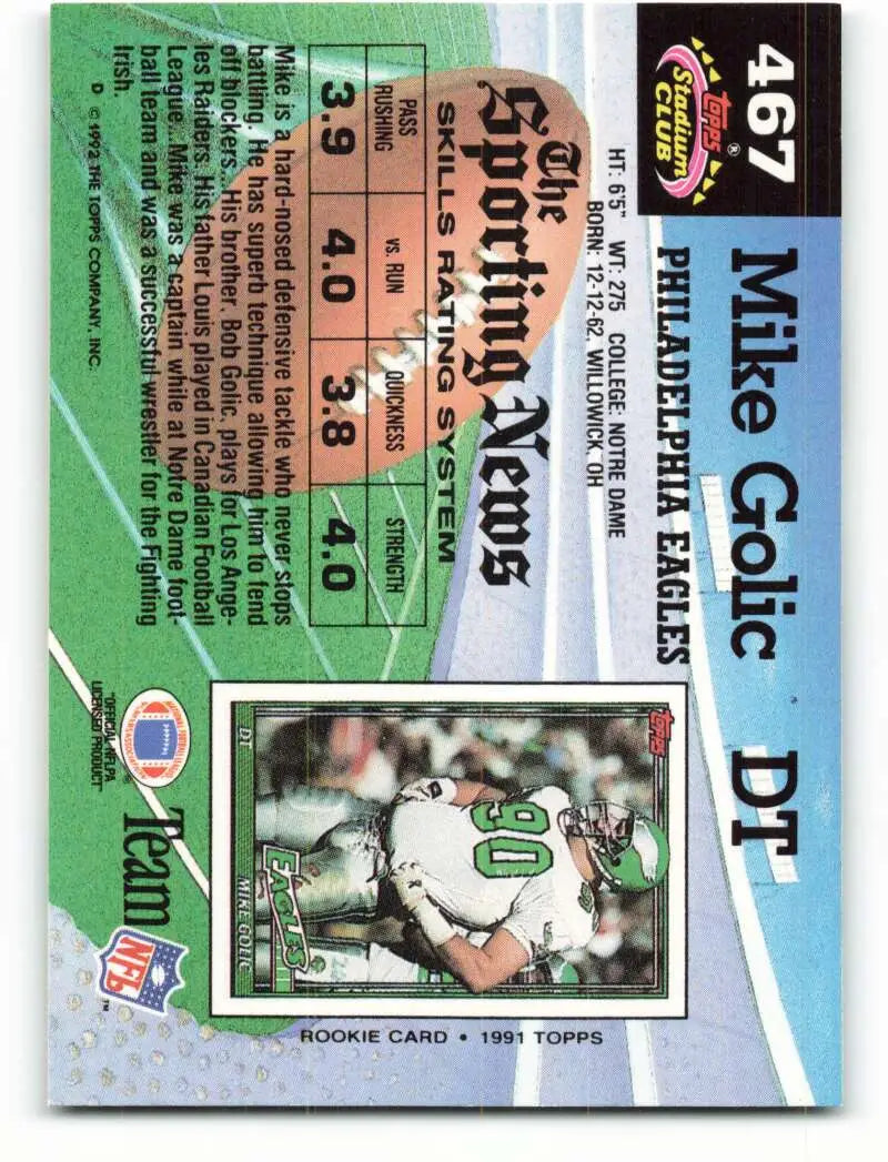 1992 Topps Stadium Club #467 Mike Golic EX Excellent Philadelphia Eagles Football Card - Football Card Single