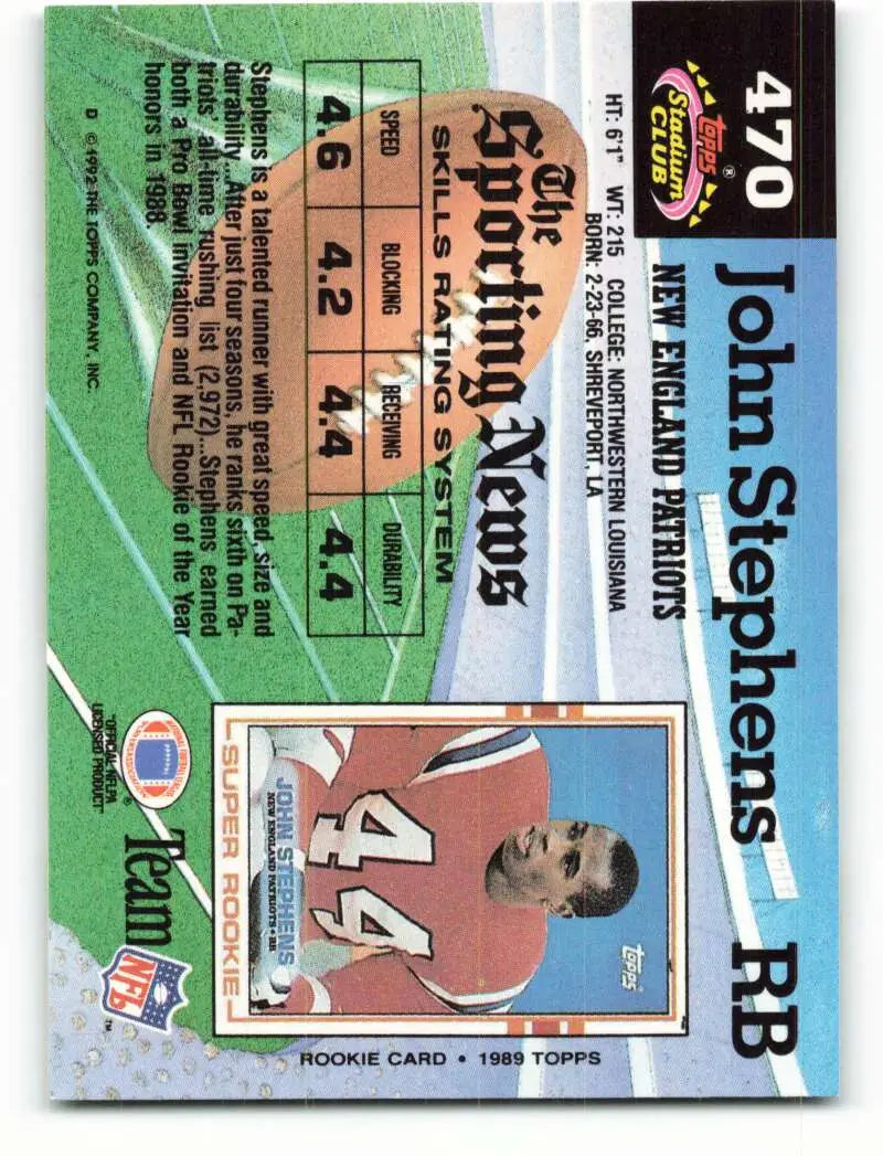 1992 Topps Stadium Club #470 John Stephens EX Excellent New England Patriots Football Card - Football Card Single
