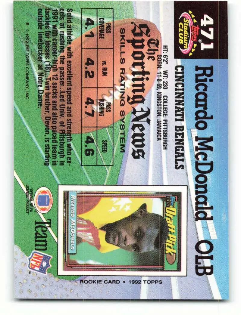 1992 Topps Stadium Club #471 Ricardo McDonald EX Excellent RC Rookie Cincinnati Bengals Football Card - Football Card
