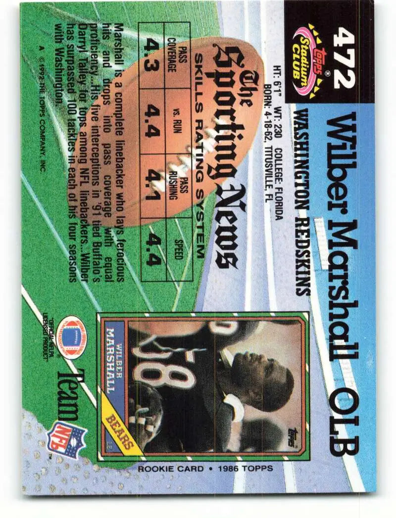 1992 Topps Stadium Club #472 Wilber Marshall EX Excellent Washington Redskins Football Card - Football Card Single