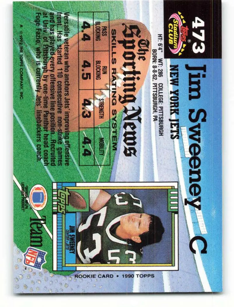 1992 Topps Stadium Club #473 Jim Sweeney EX Excellent New York Jets Football Card
