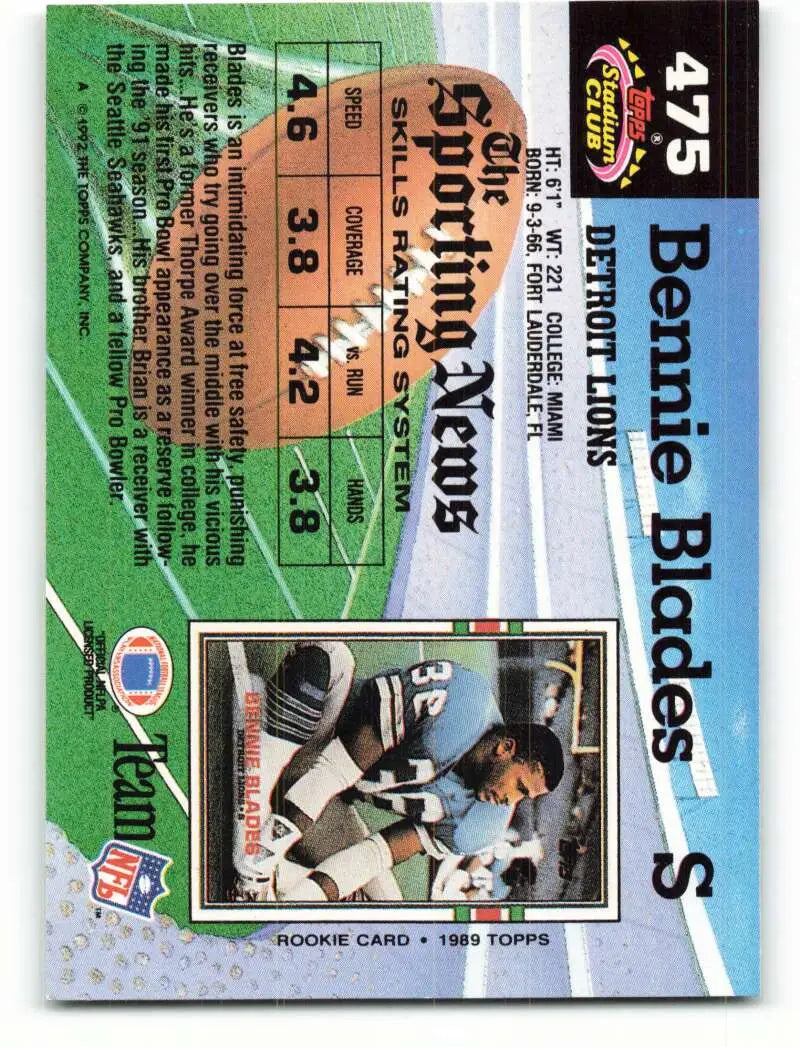 1992 Topps Stadium Club #475 Bennie Blades EX Excellent Detroit Lions Football Card - Football Card Single