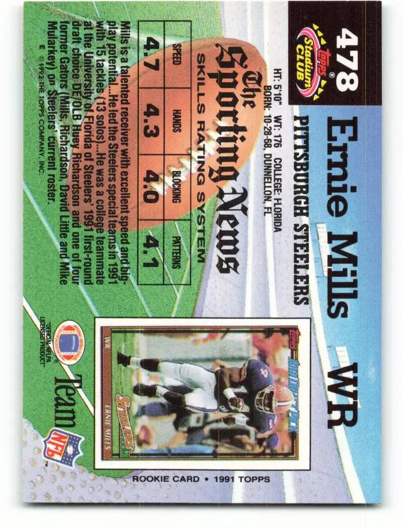 1992 Topps Stadium Club #478 Ernie Mills EX Excellent Pittsburgh Steelers Football Card - Football Card Single