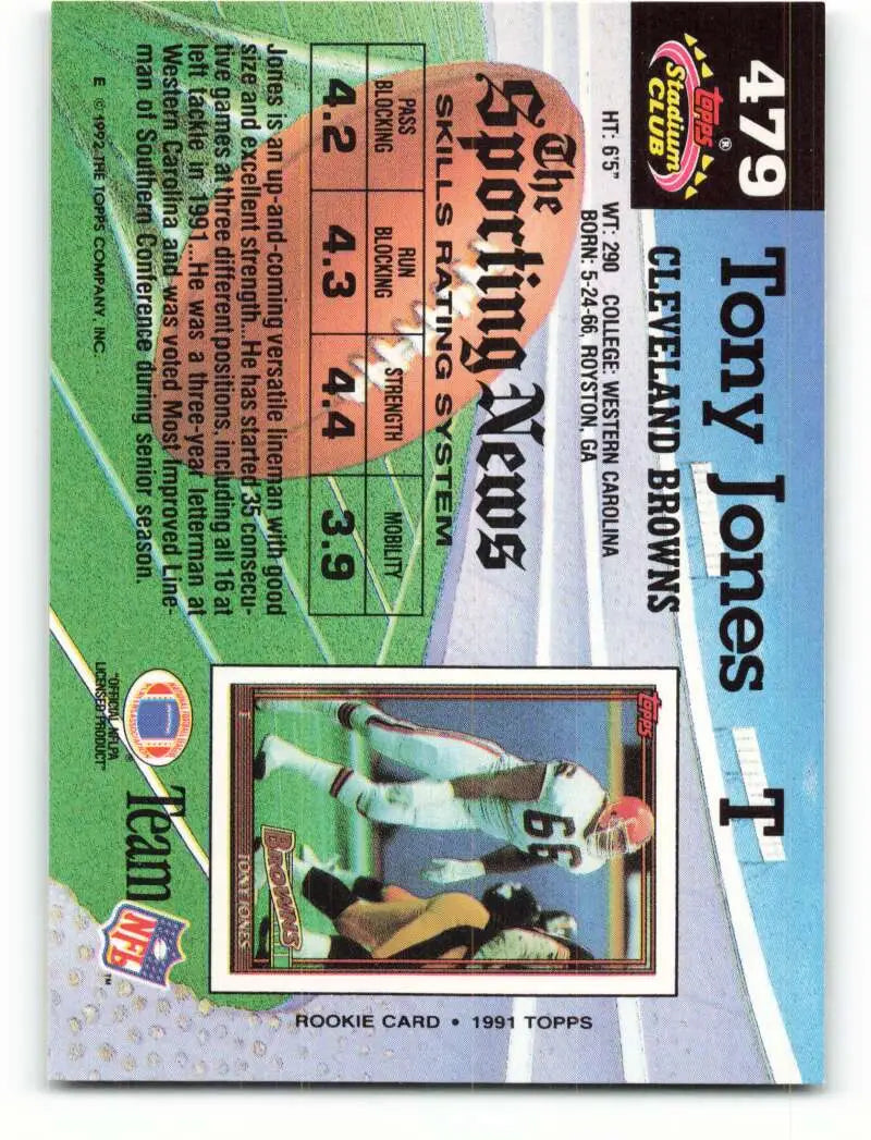 1992 Topps Stadium Club #479 Tony Jones EX Excellent Cleveland Browns Football Card - Football Card Single