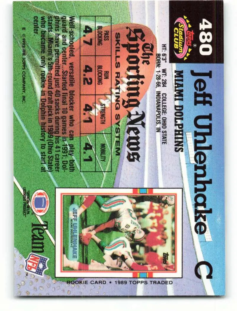 1992 Topps Stadium Club #480 Jeff Uhlenhake EX Excellent Miami Dolphins Football Card - Football Card Single