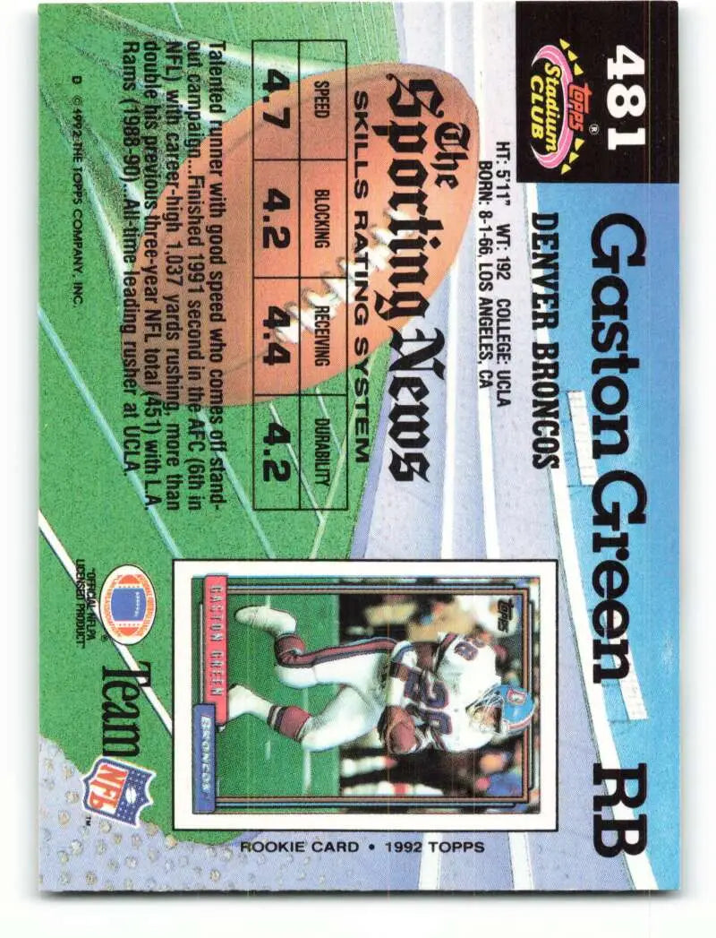 1992 Topps Stadium Club #481 Gaston Green EX Excellent Denver Broncos Football Card - Football Card Single