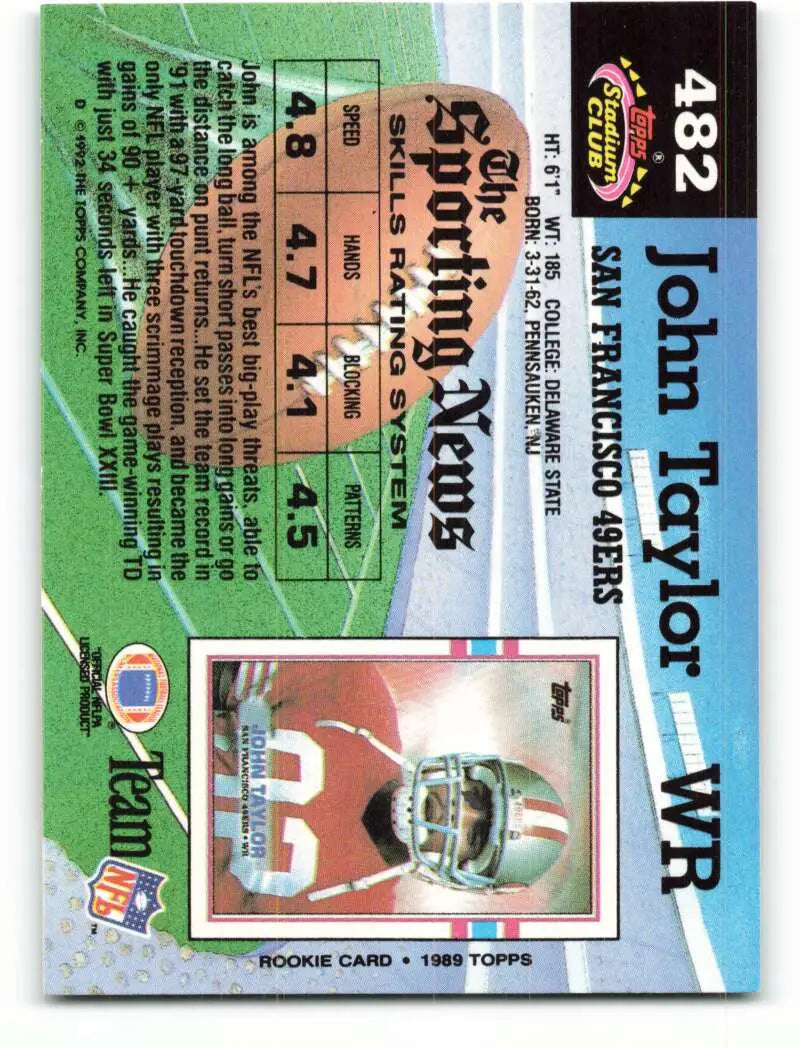 1992 Topps Stadium Club #482 John Taylor EX Excellent San Francisco 49ers Football Card - Football Card Single
