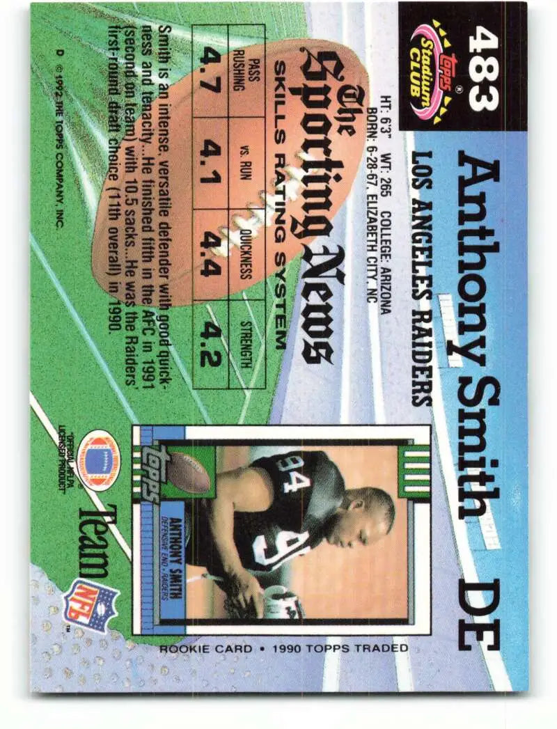 1992 Topps Stadium Club #483 Anthony Smith EX Excellent Los Angeles Raiders Football Card - Football Card Single